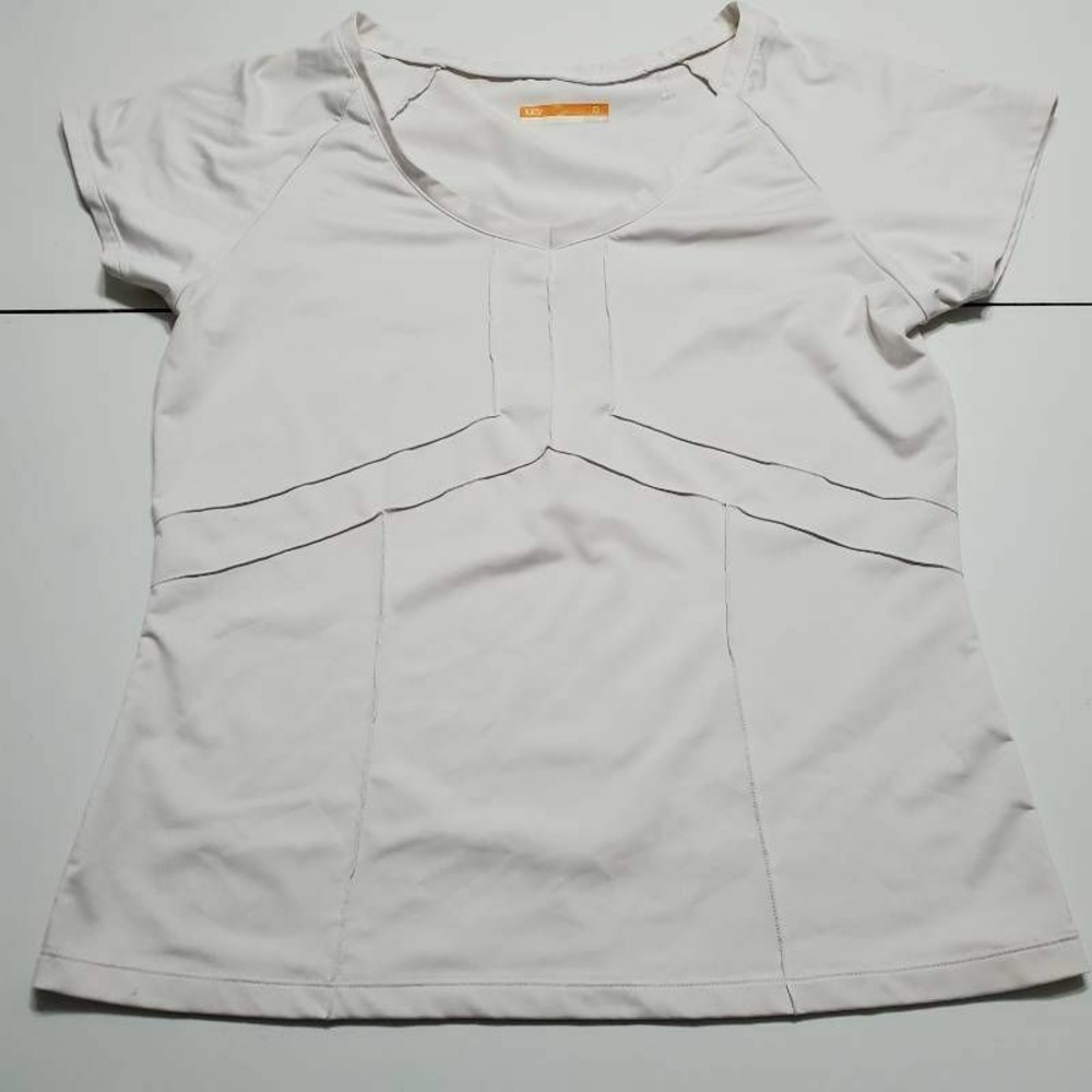 Lucy Tech Womens Pullover Top White Short Sleeve Scoop Neck Stretch Paneled L